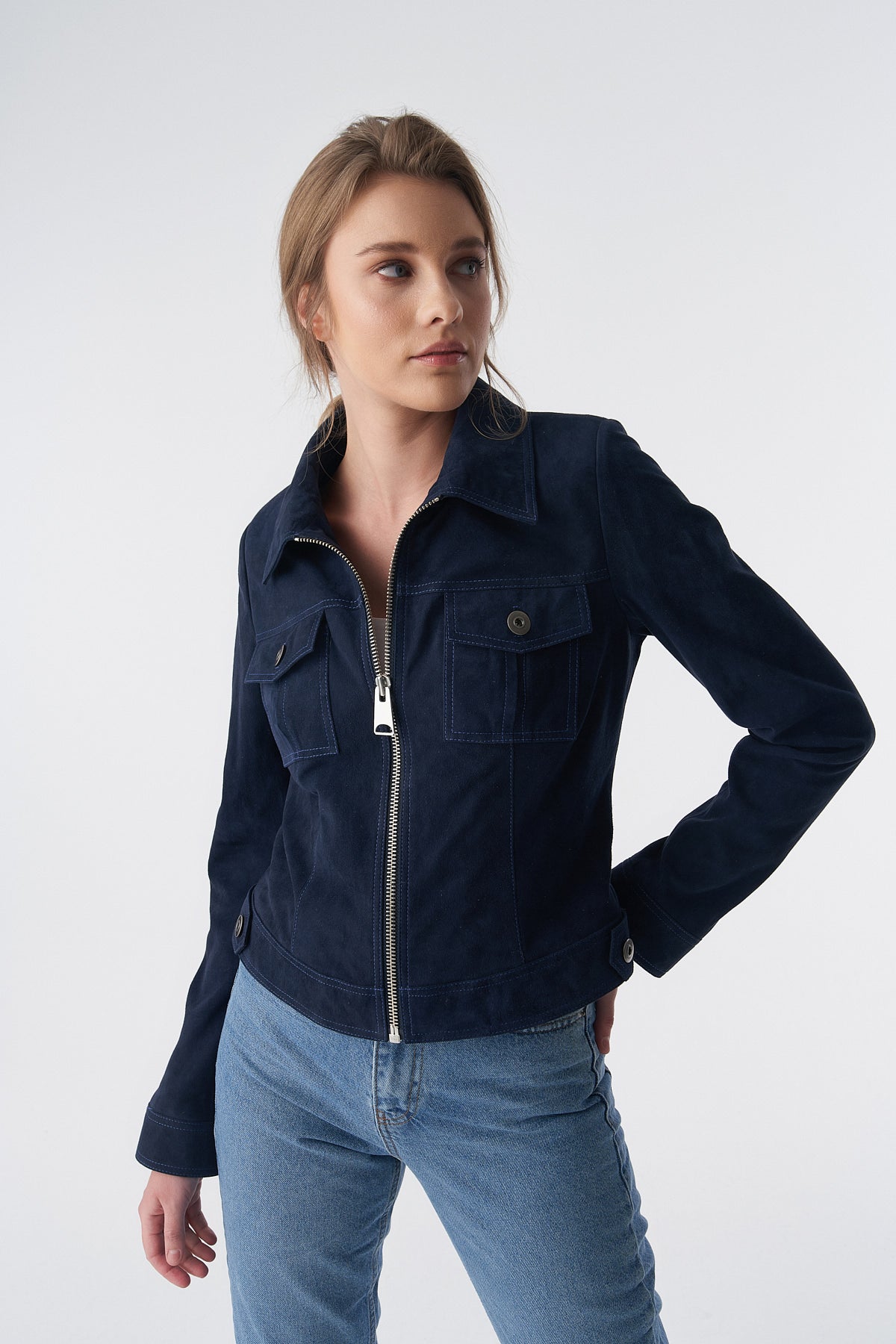 Suède jack in denimstijl met rits, marineblauw