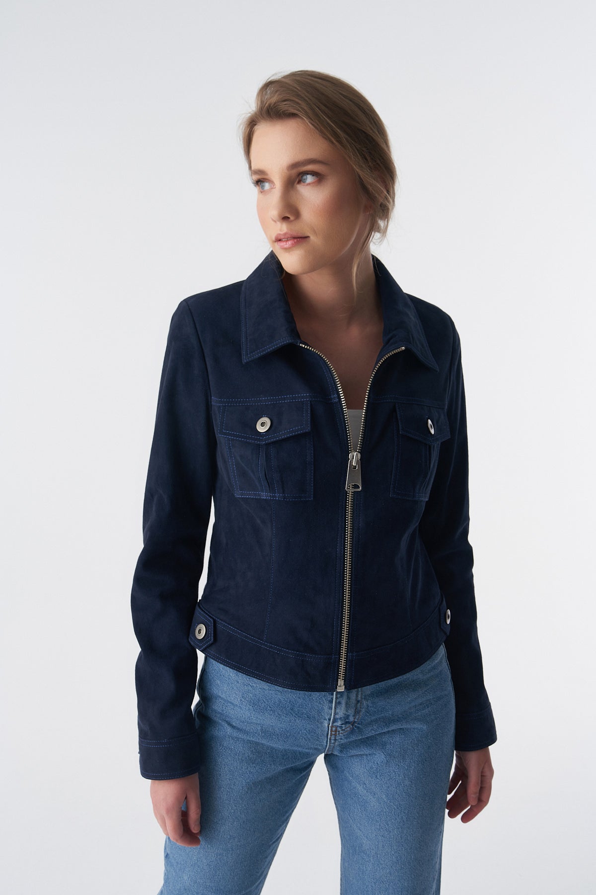 Suède jack in denimstijl met rits, marineblauw