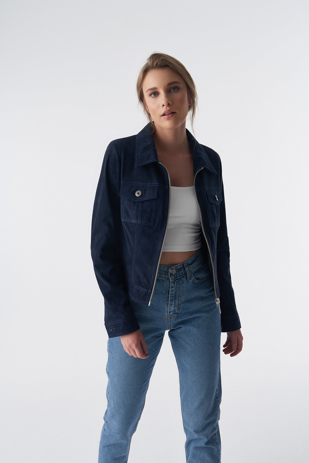 Suède jack in denimstijl met rits, marineblauw