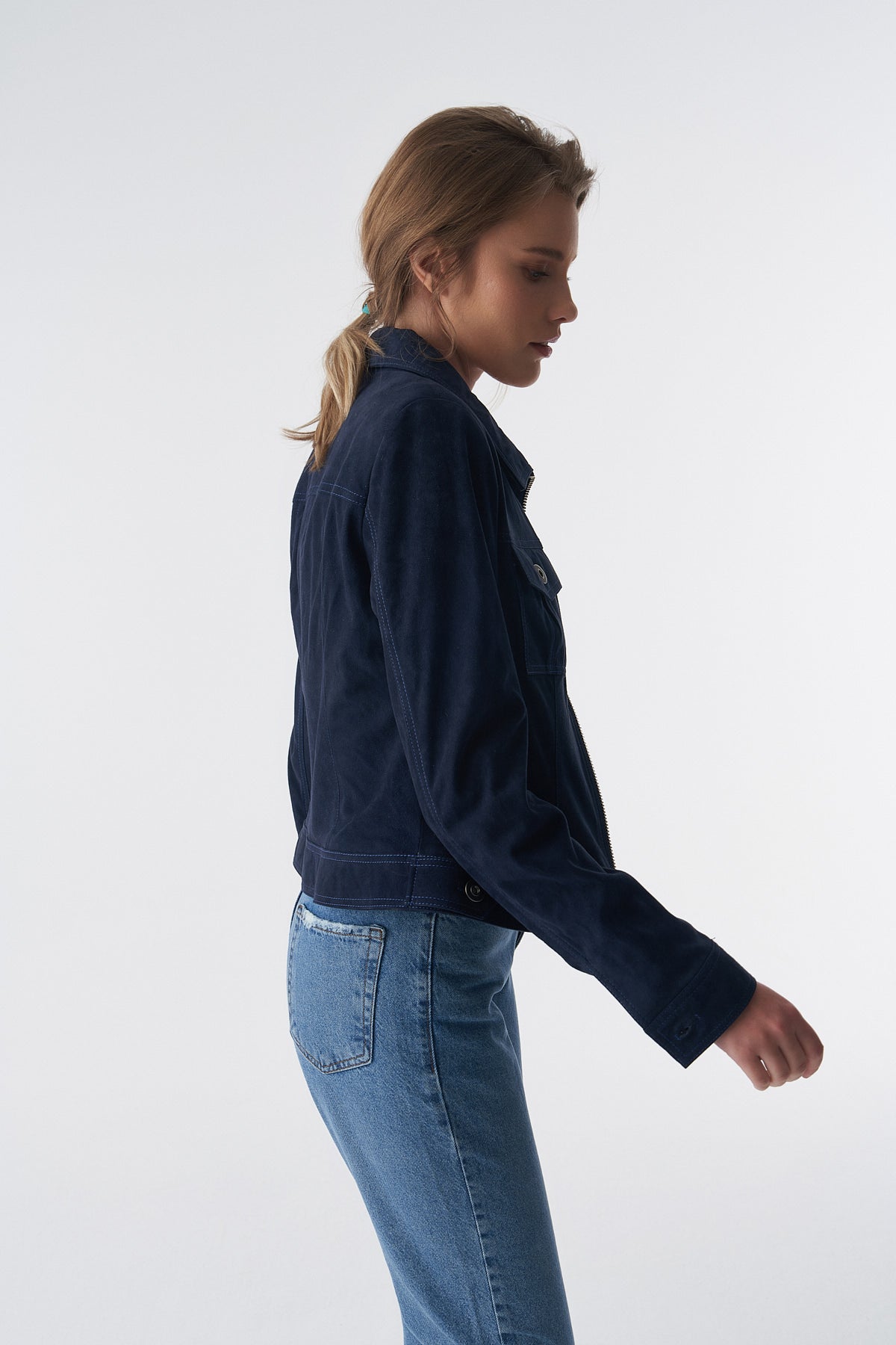 Suède jack in denimstijl met rits, marineblauw