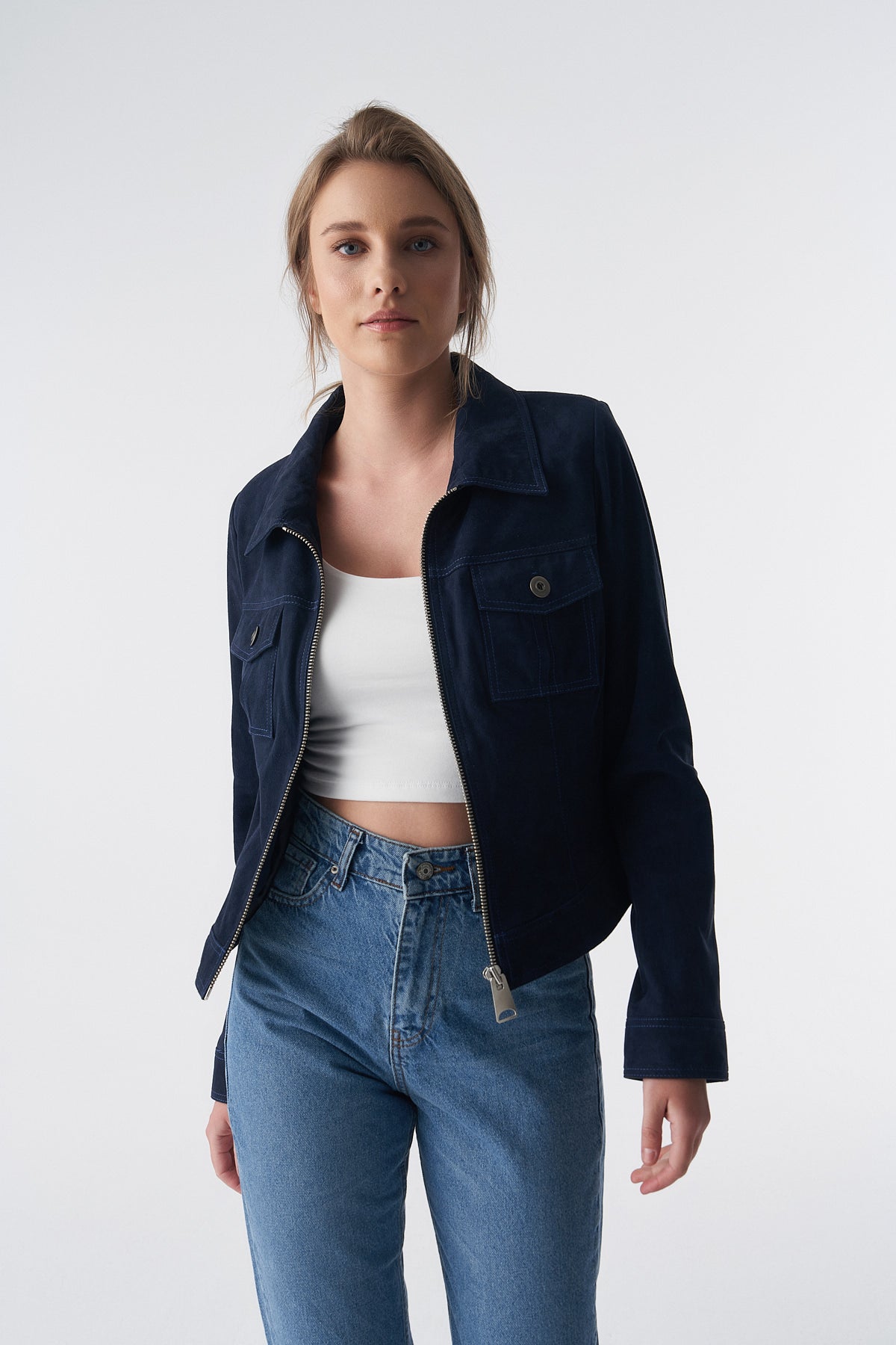 Suède jack in denimstijl met rits, marineblauw