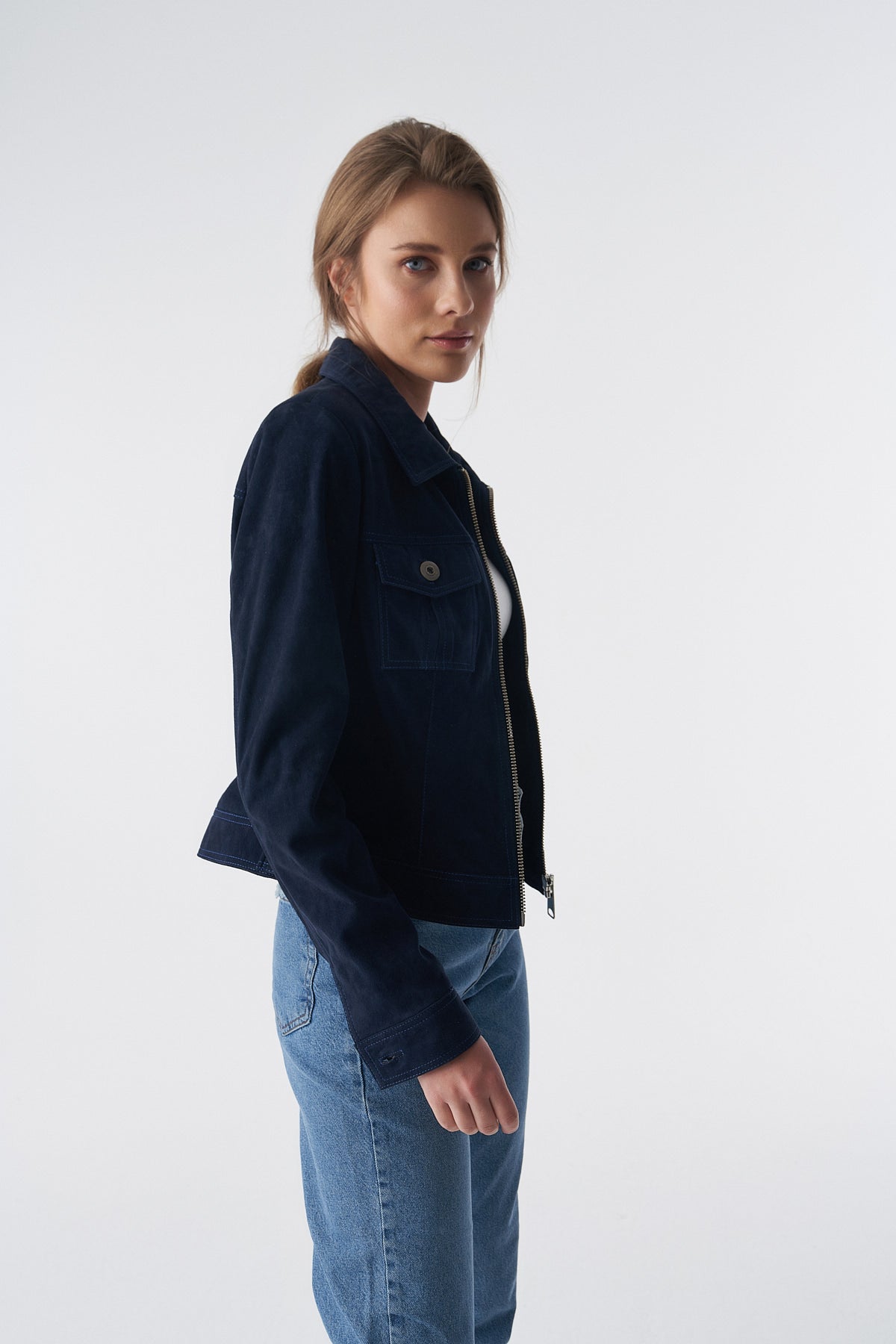 Suède jack in denimstijl met rits, marineblauw