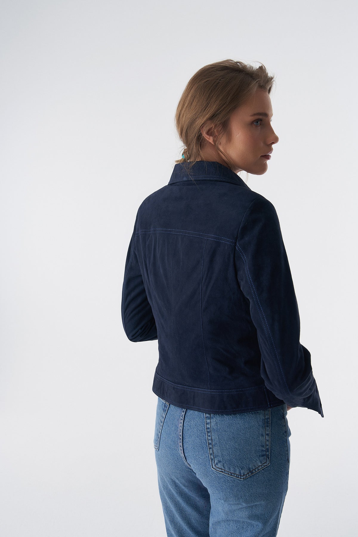 Suède jack in denimstijl met rits, marineblauw