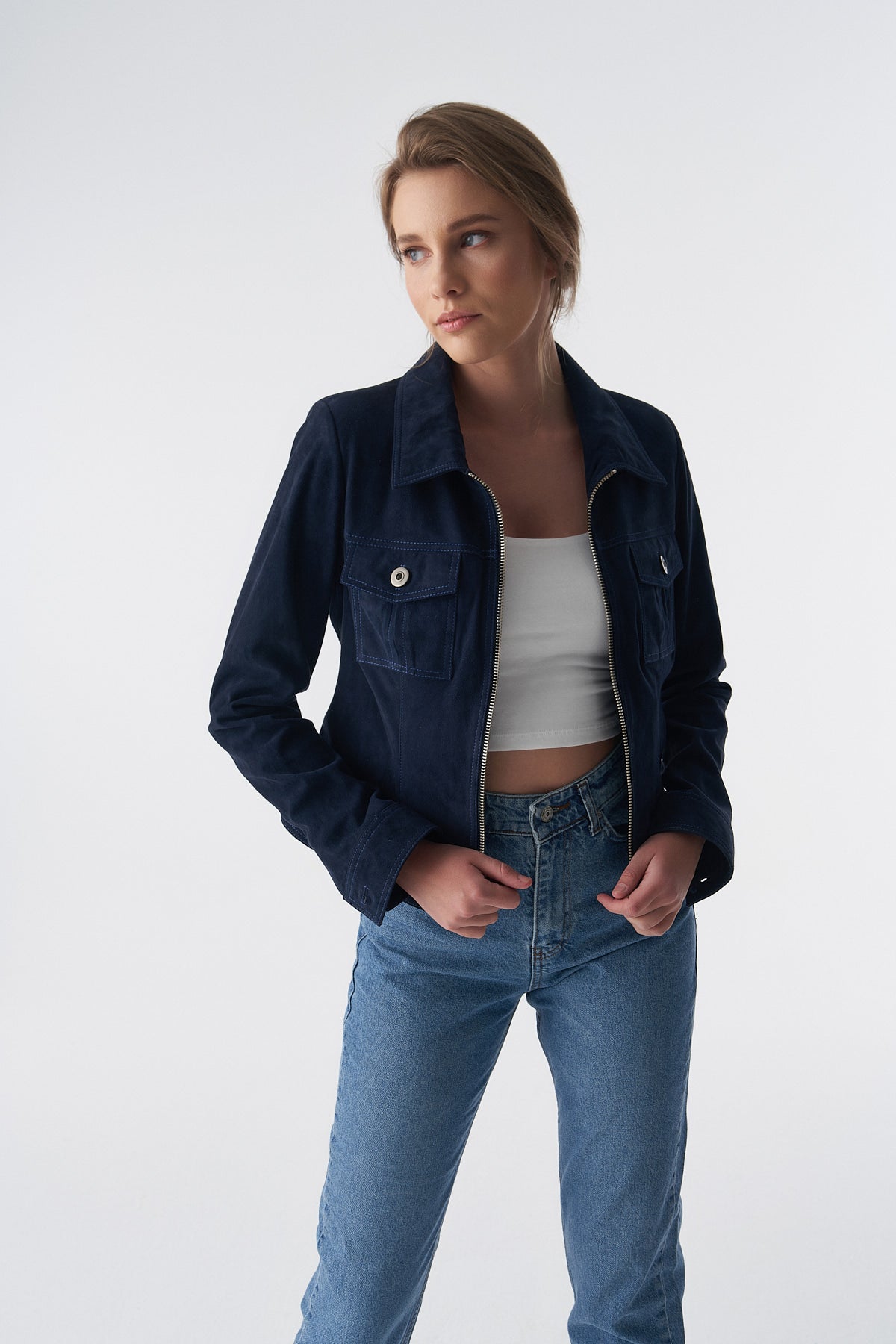 Suède jack in denimstijl met rits, marineblauw