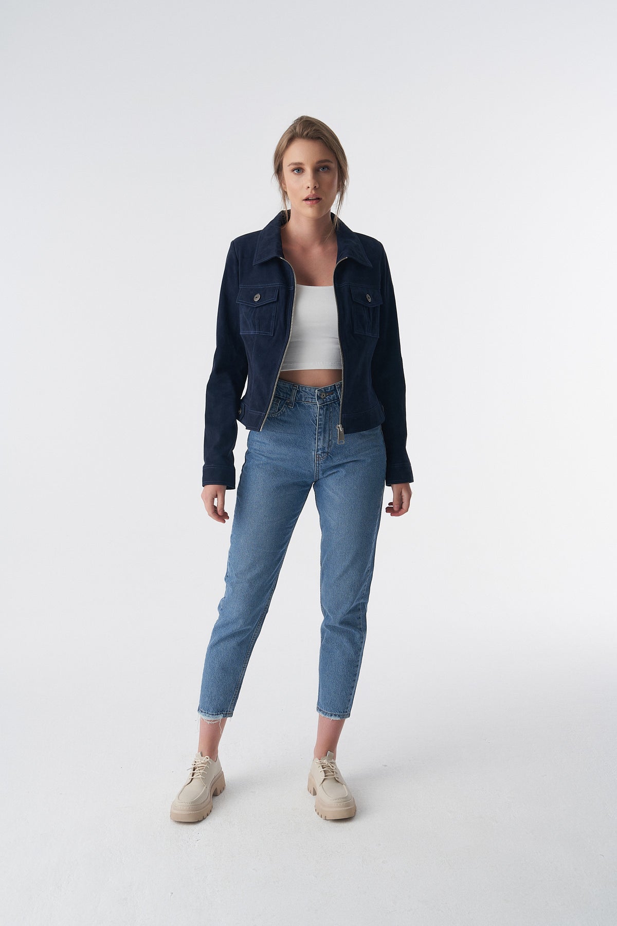 Suède jack in denimstijl met rits, marineblauw