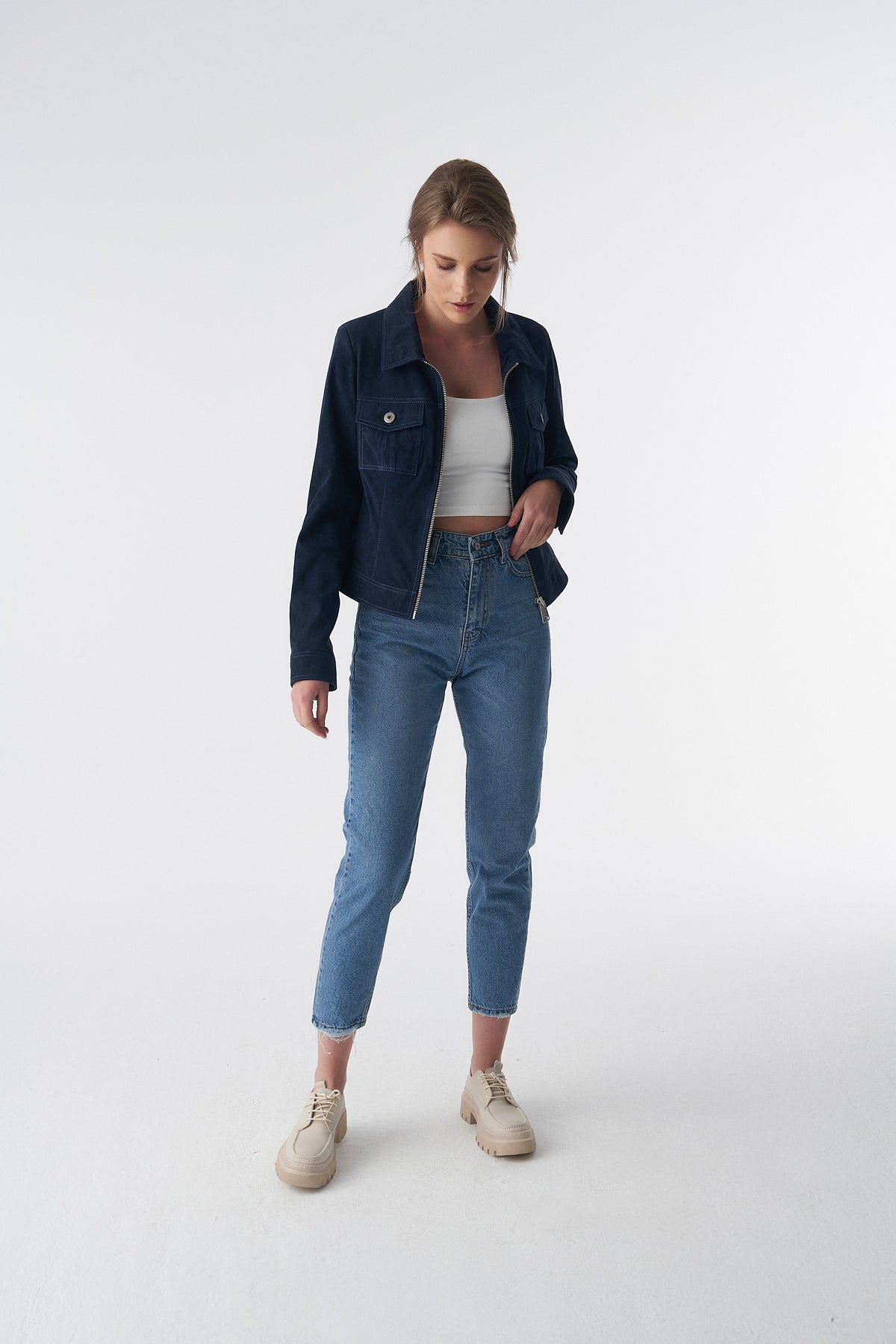 Suède jack in denimstijl met rits, marineblauw