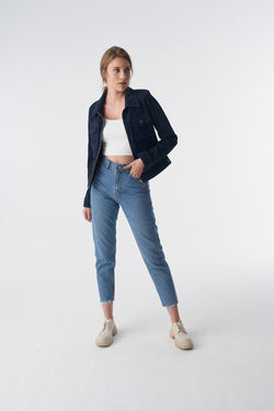 Image of Suède jack in denimstijl met rits, marineblauw