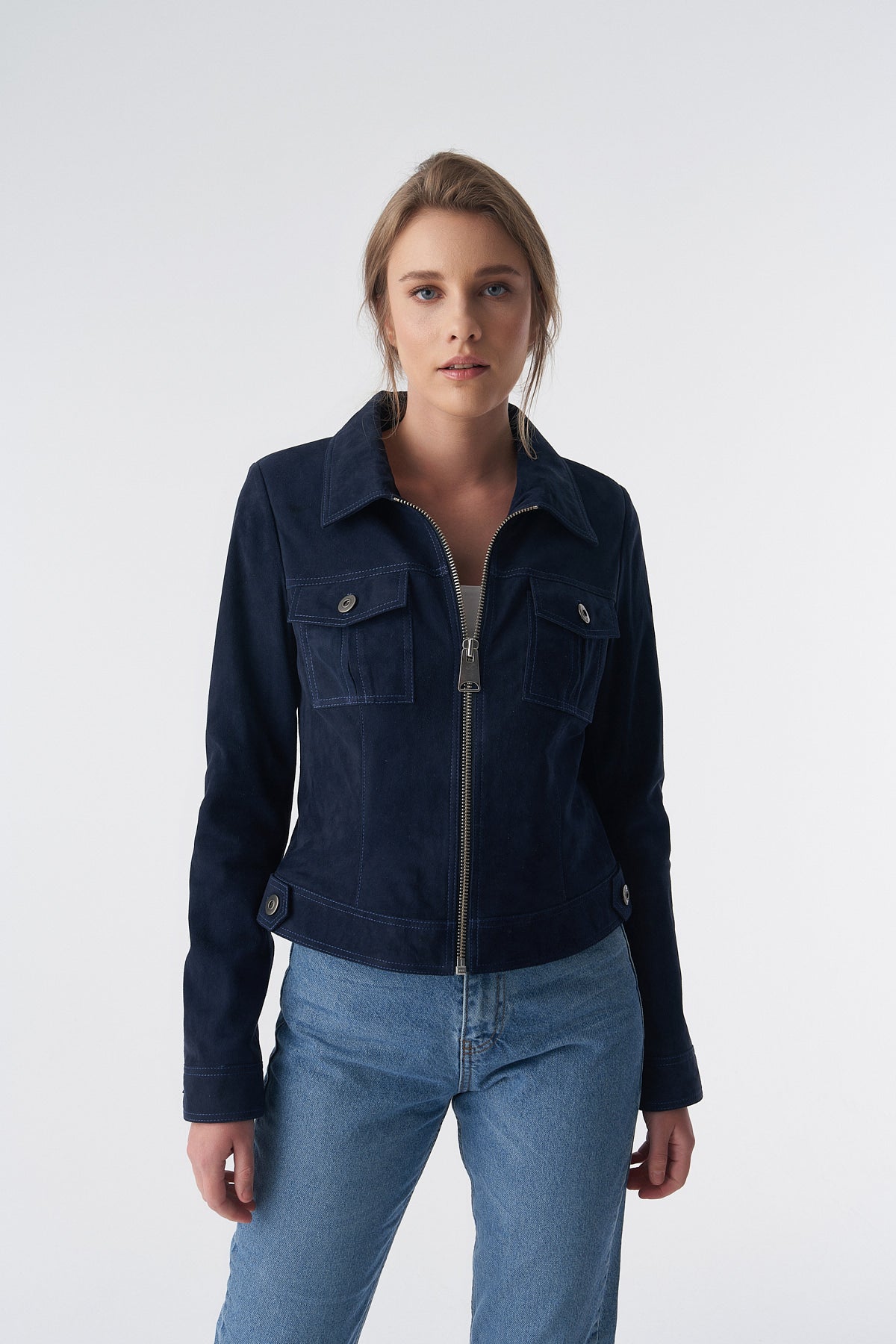 Suède jack in denimstijl met rits, marineblauw