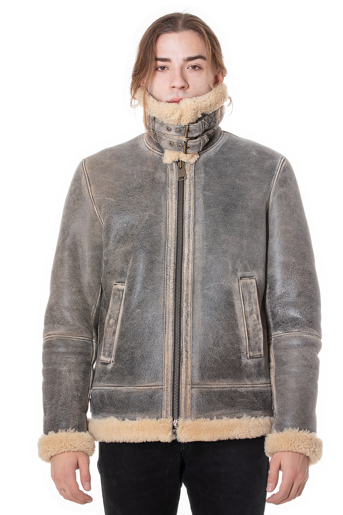 RAF B3 Aviator-jas voor heren, noodlijdend grijs met beige krullende wol