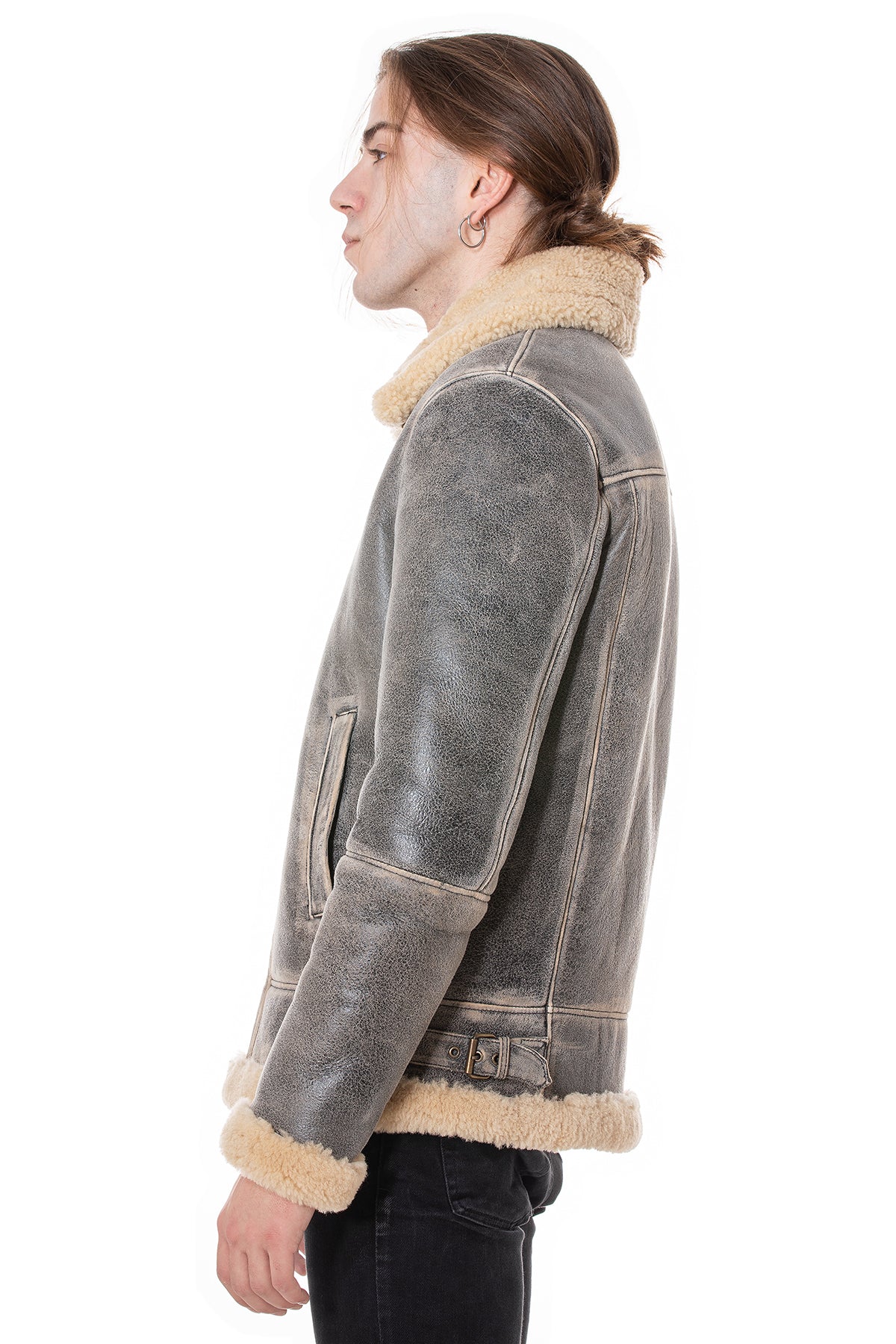 RAF B3 Aviator-jas voor heren, noodlijdend grijs met beige krullende wol