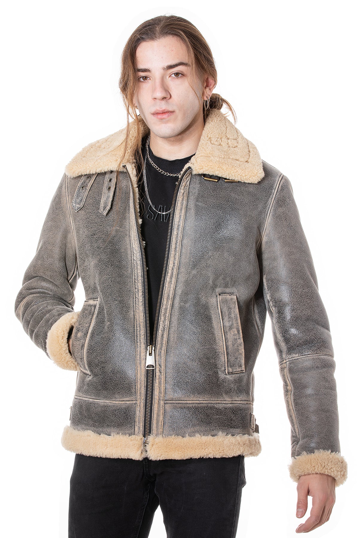 RAF B3 Aviator-jas voor heren, noodlijdend grijs met beige krullende wol