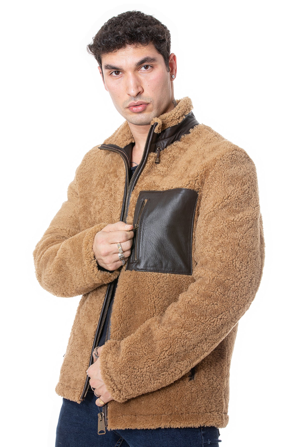 Shearling-teddyjas voor heren, gekrulde bovenwol van gember