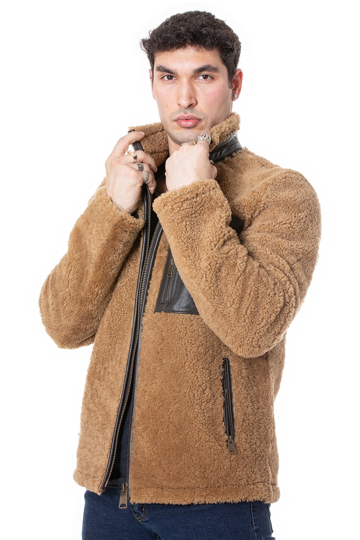 Shearling-teddyjas voor heren, gekrulde bovenwol van gember