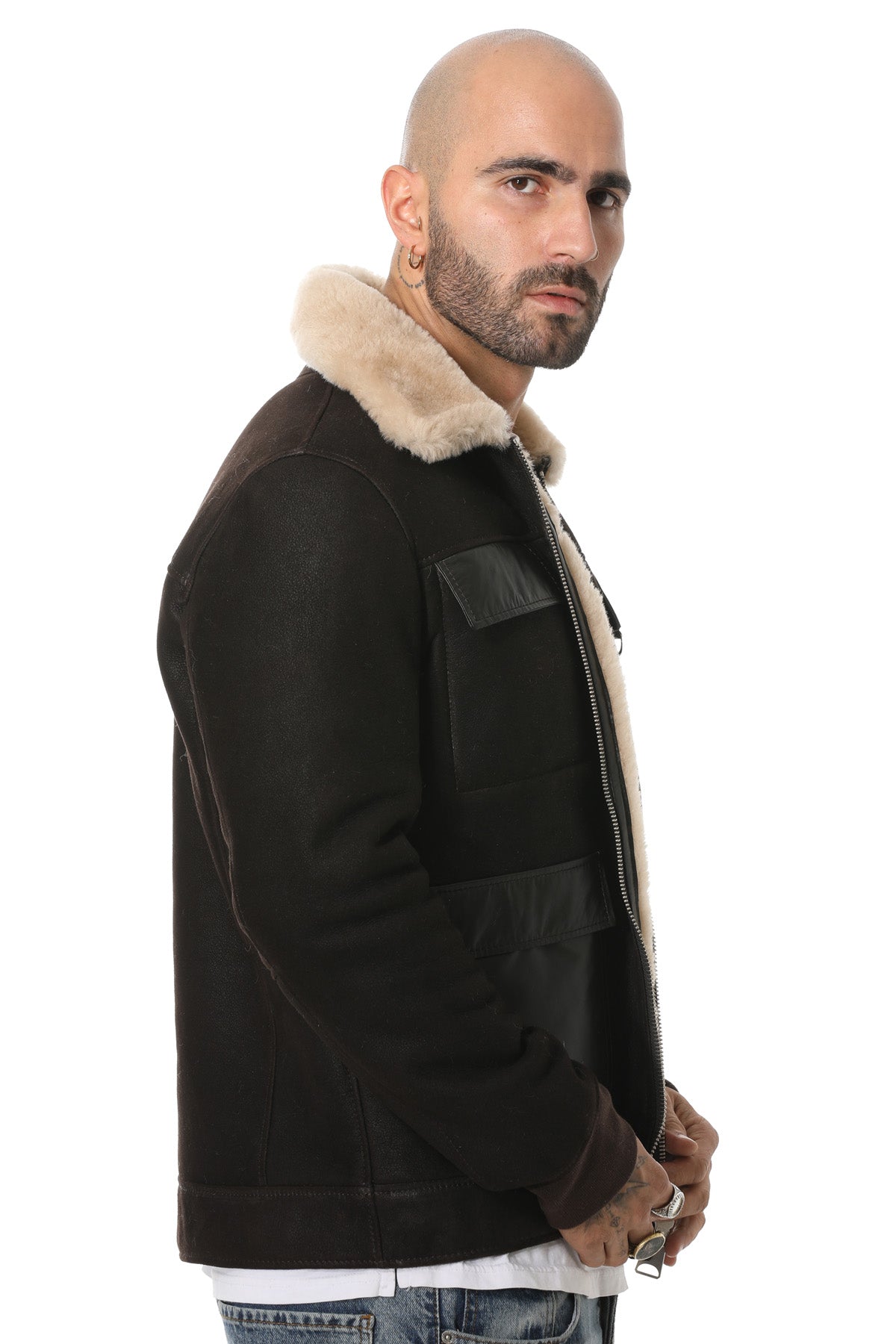 Men's Shearling Bomber Jacket, Washed Brown With Champagne Wool