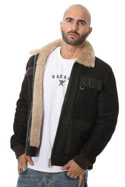 Image of Men's Shearling Bomber Jacket, Washed Brown With Champagne Wool