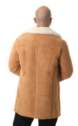 Image of Heren Trenchcoat van Schapenvacht, Tan Suède met Witte Krullende Wol