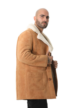 Image of Heren Trenchcoat van Schapenvacht, Tan Suède met Witte Krullende Wol