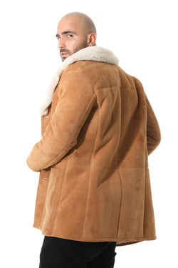 Image of Heren Trenchcoat van Schapenvacht, Tan Suède met Witte Krullende Wol