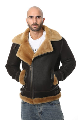 Image of Shearling bikerjack voor heren, bruin gewassen met gemberwol