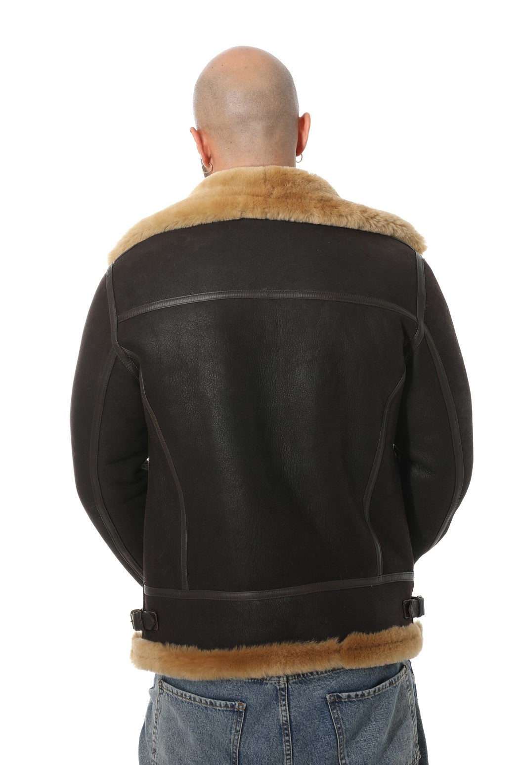 Shearling bikerjack voor heren, bruin gewassen met gemberwol