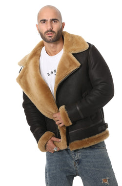 Image of Shearling bikerjack voor heren, bruin gewassen met gemberwol