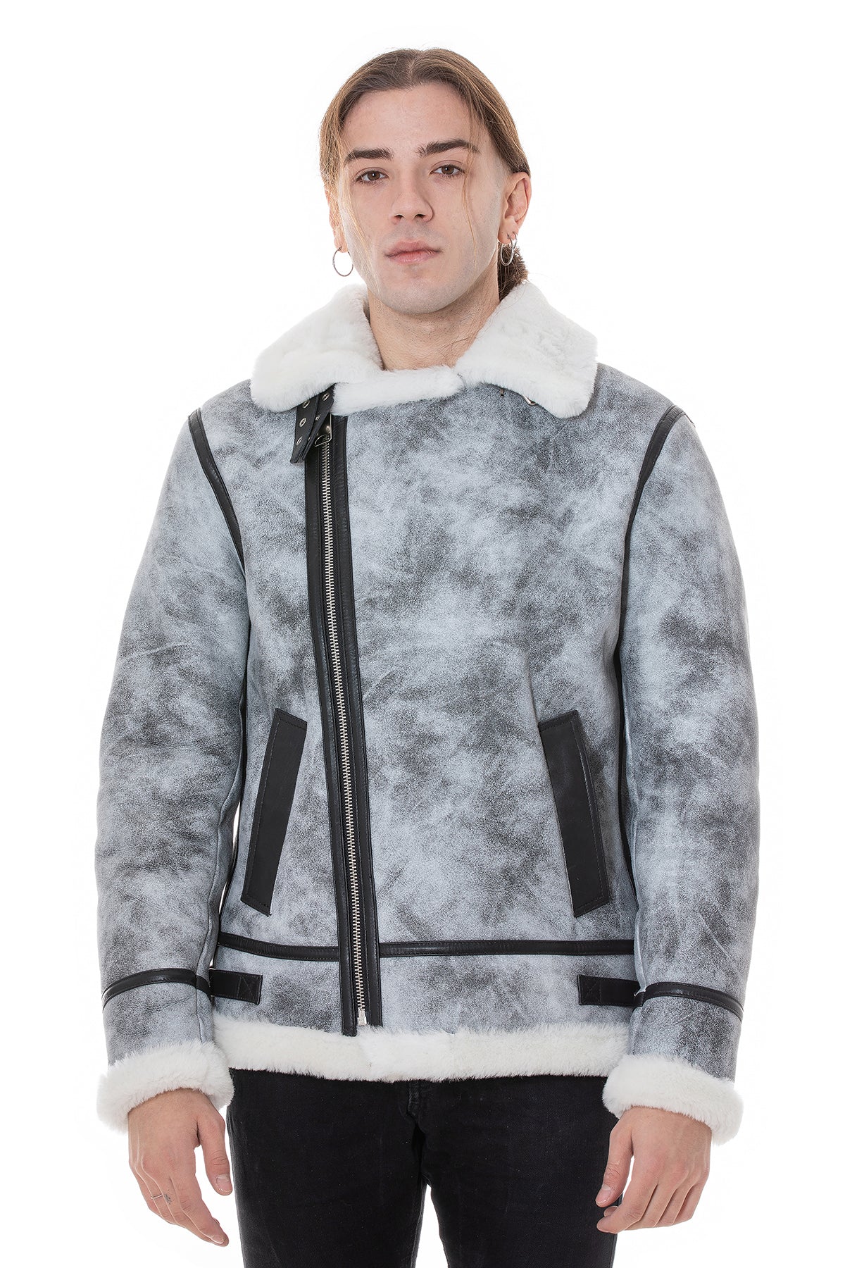 Shearling bikerjack voor heren, natuurlijk grijs met witte wol