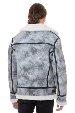 Image of Shearling bikerjack voor heren, natuurlijk grijs met witte wol