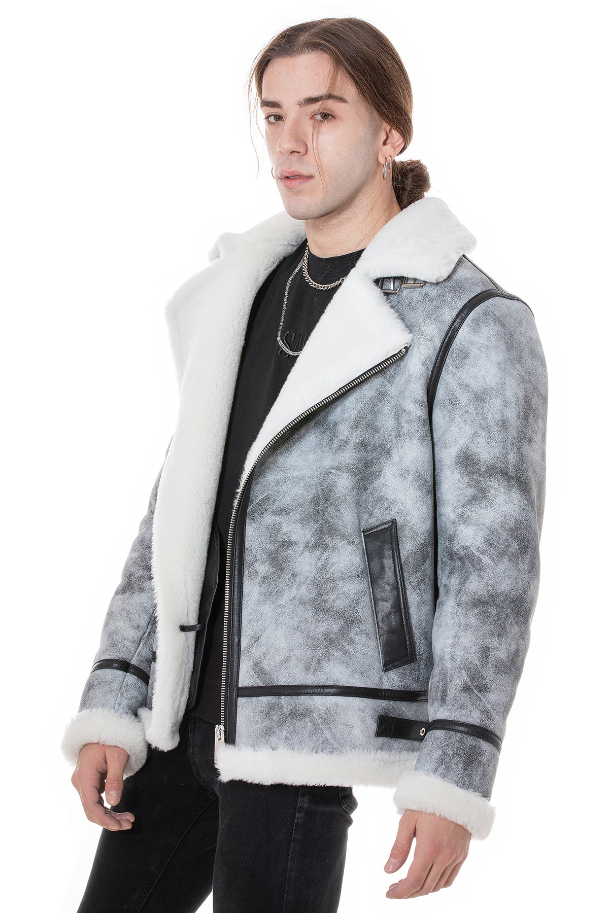 Shearling bikerjack voor heren, natuurlijk grijs met witte wol