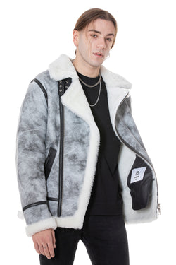 Image of Shearling bikerjack voor heren, natuurlijk grijs met witte wol