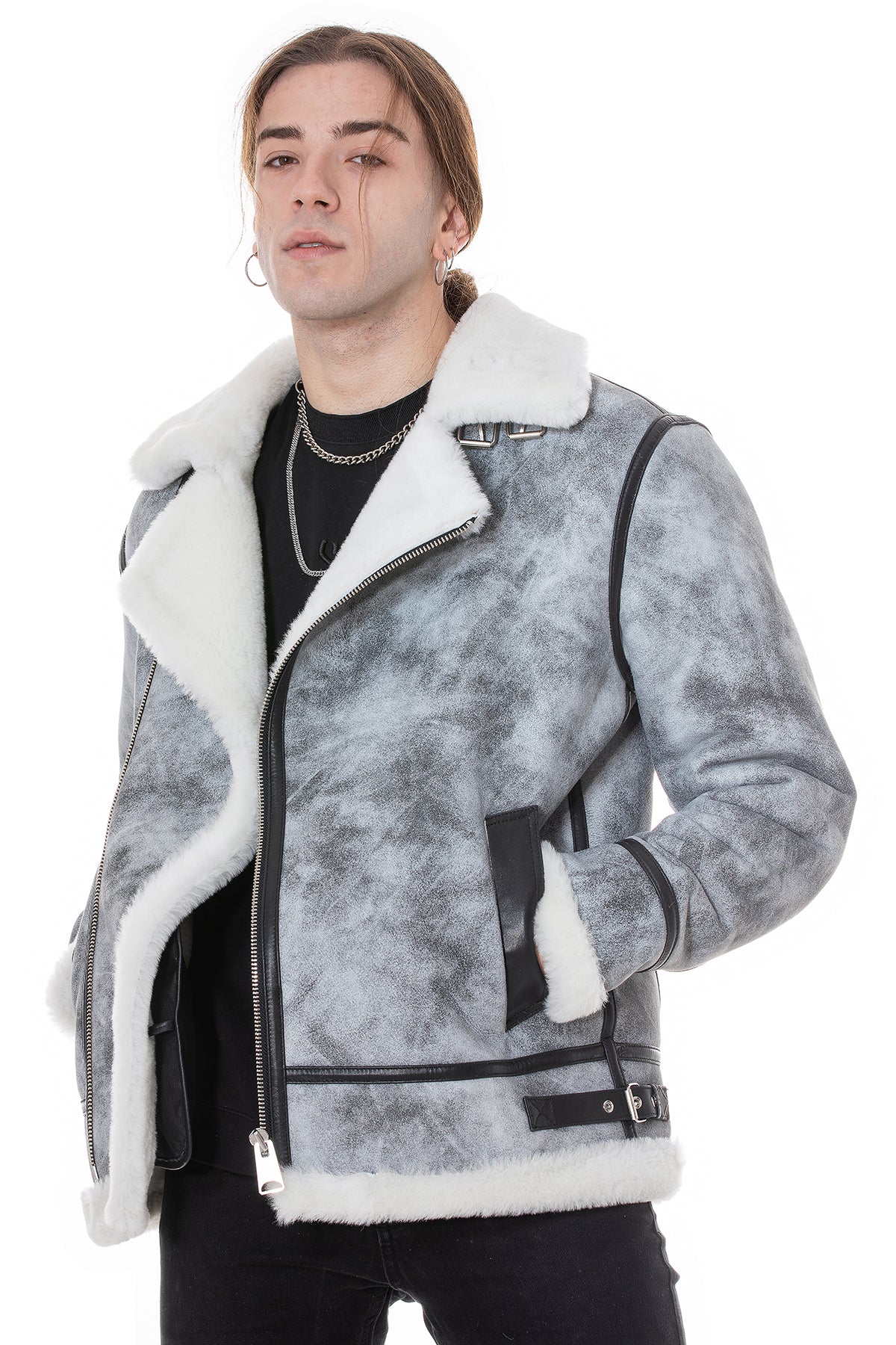 Shearling bikerjack voor heren, natuurlijk grijs met witte wol