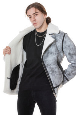 Image of Shearling bikerjack voor heren, natuurlijk grijs met witte wol