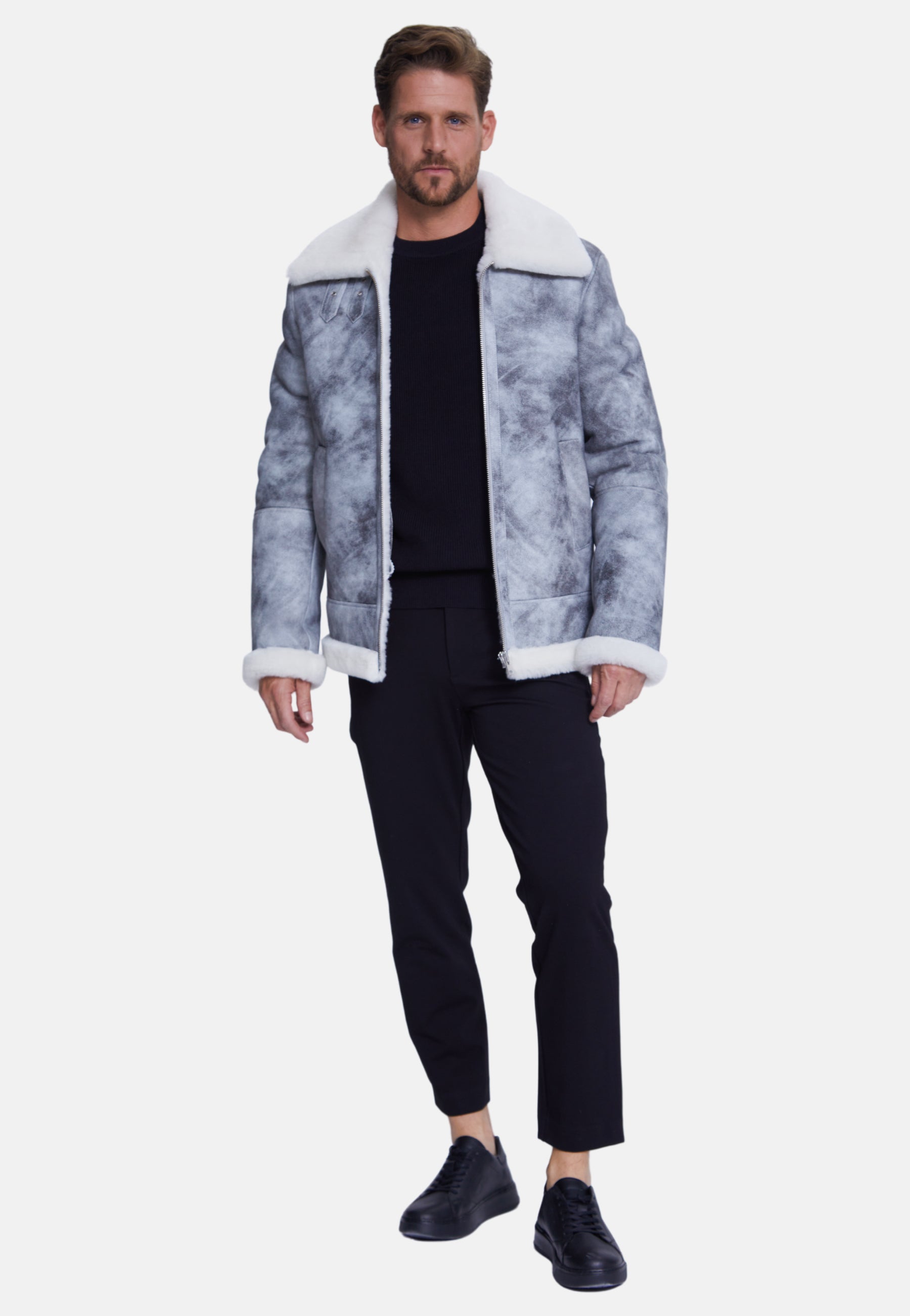 Men's Shearling Aviator Jacket, Jungle Greey White Wool