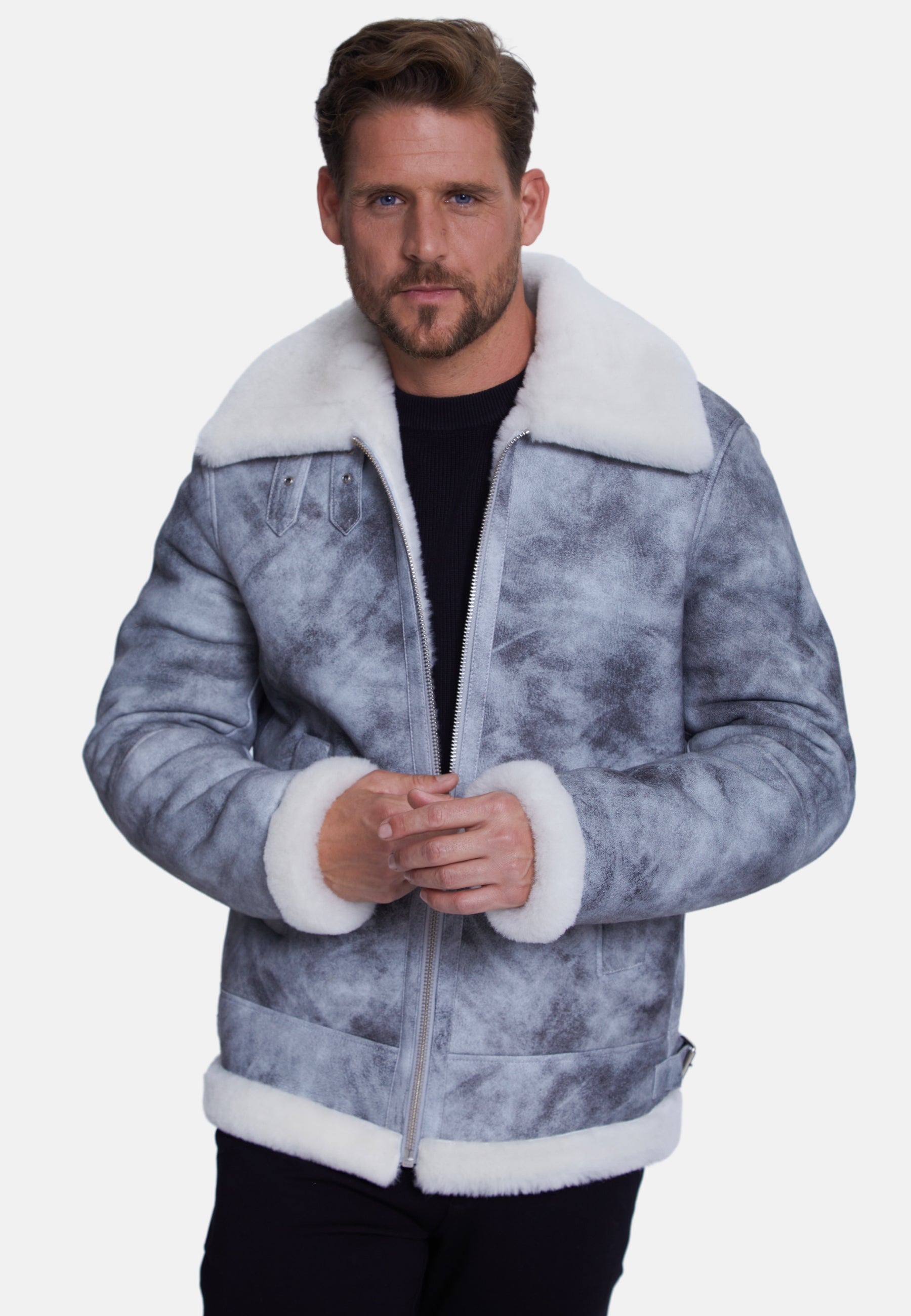 Men's Shearling Aviator Jacket, Jungle Greey White Wool