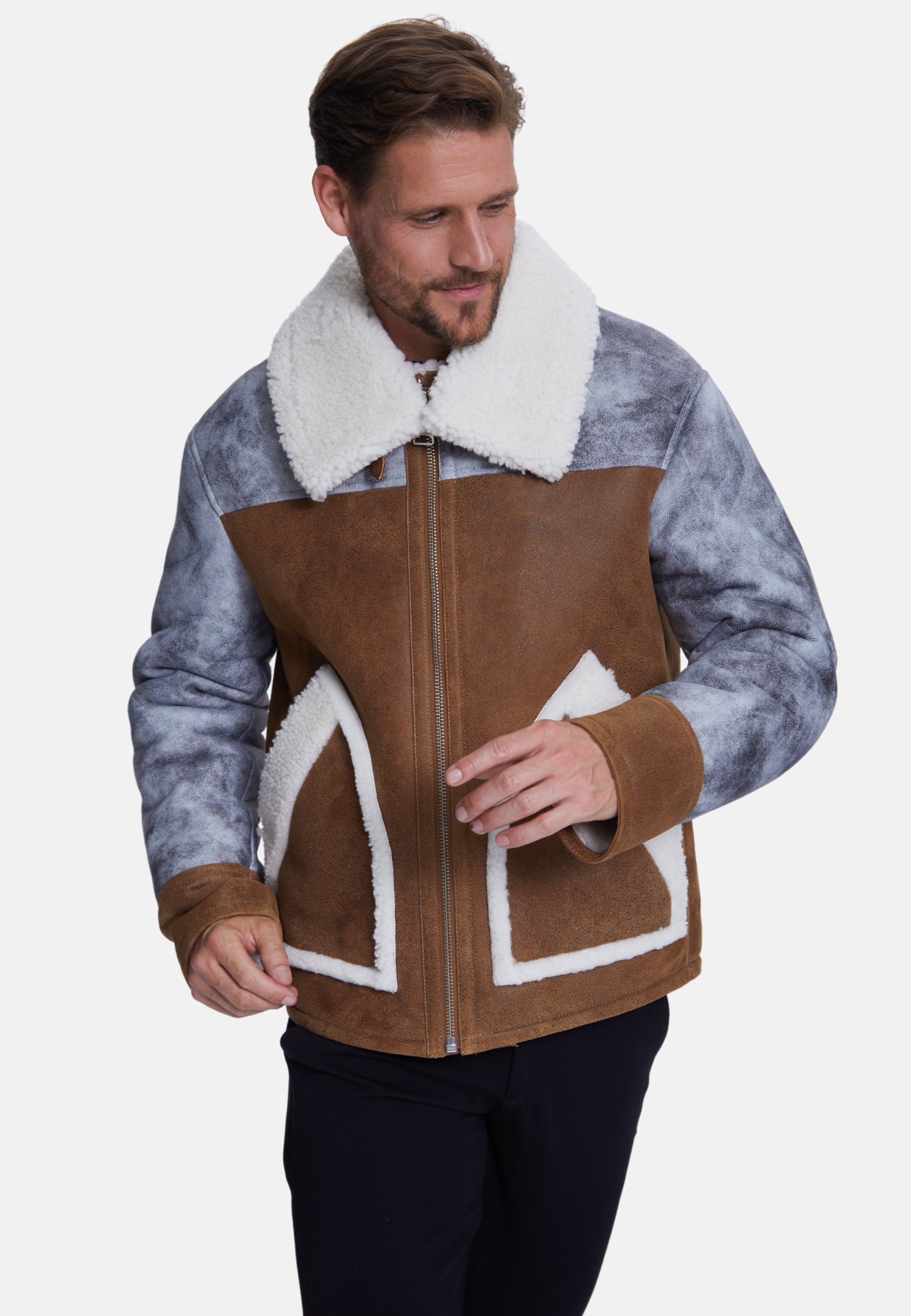 Men's Fashion Jacket, Stoning Light Brown With White Curly Wool