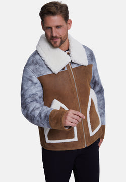 Image of Men's Fashion Jacket, Stoning Light Brown With White Curly Wool