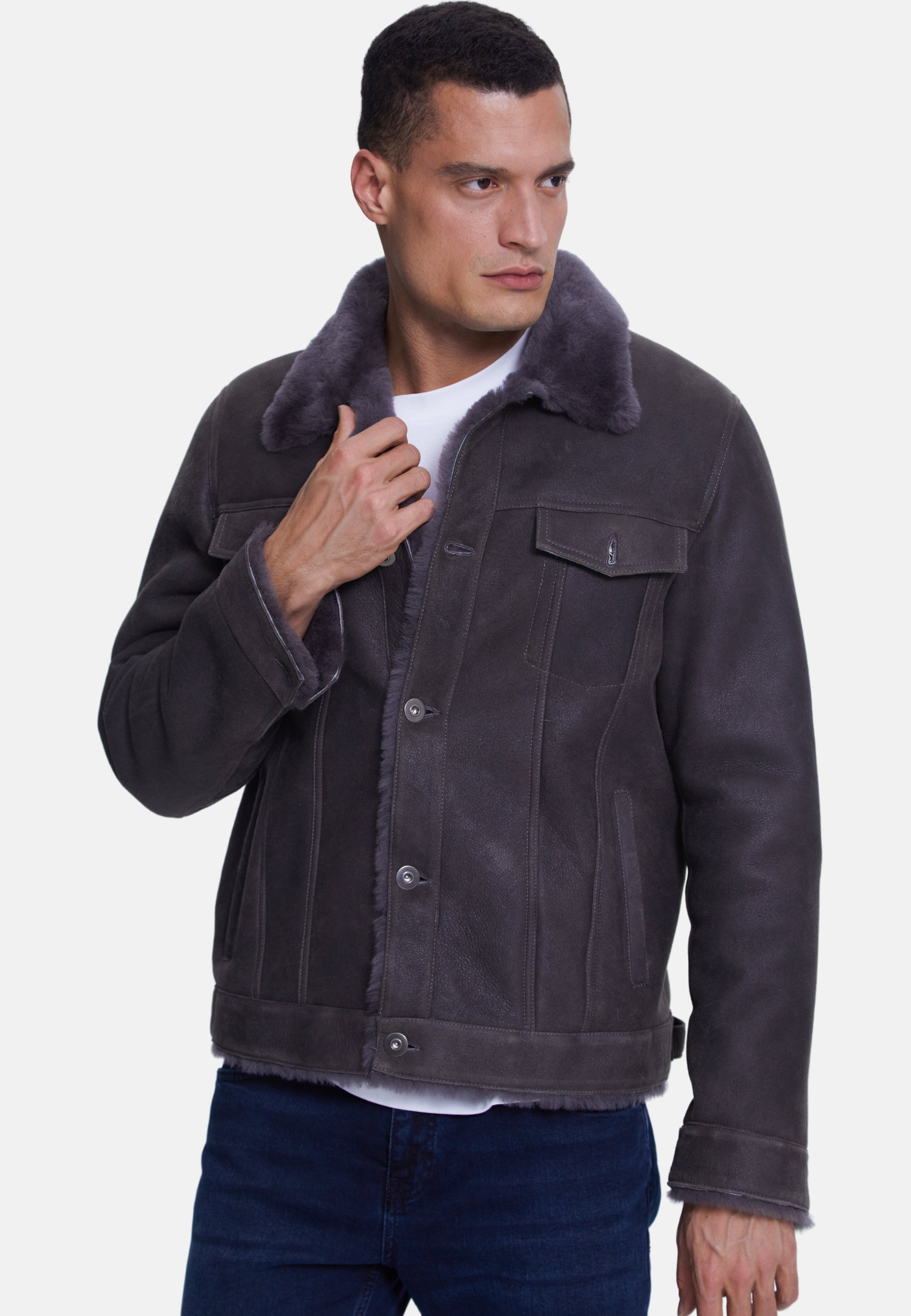 Men's Suede Casual Jacket, Washed Anthracite With Anthracite Wool