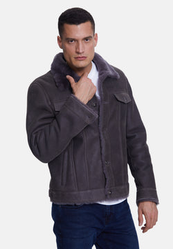 Image of Men's Suede Casual Jacket, Washed Anthracite With Anthracite Wool