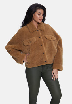 Image of Women's Shearling Jacket, Silky Brown Ginger Curly Wool