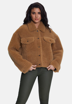 Image of Women's Shearling Jacket, Silky Brown Ginger Curly Wool