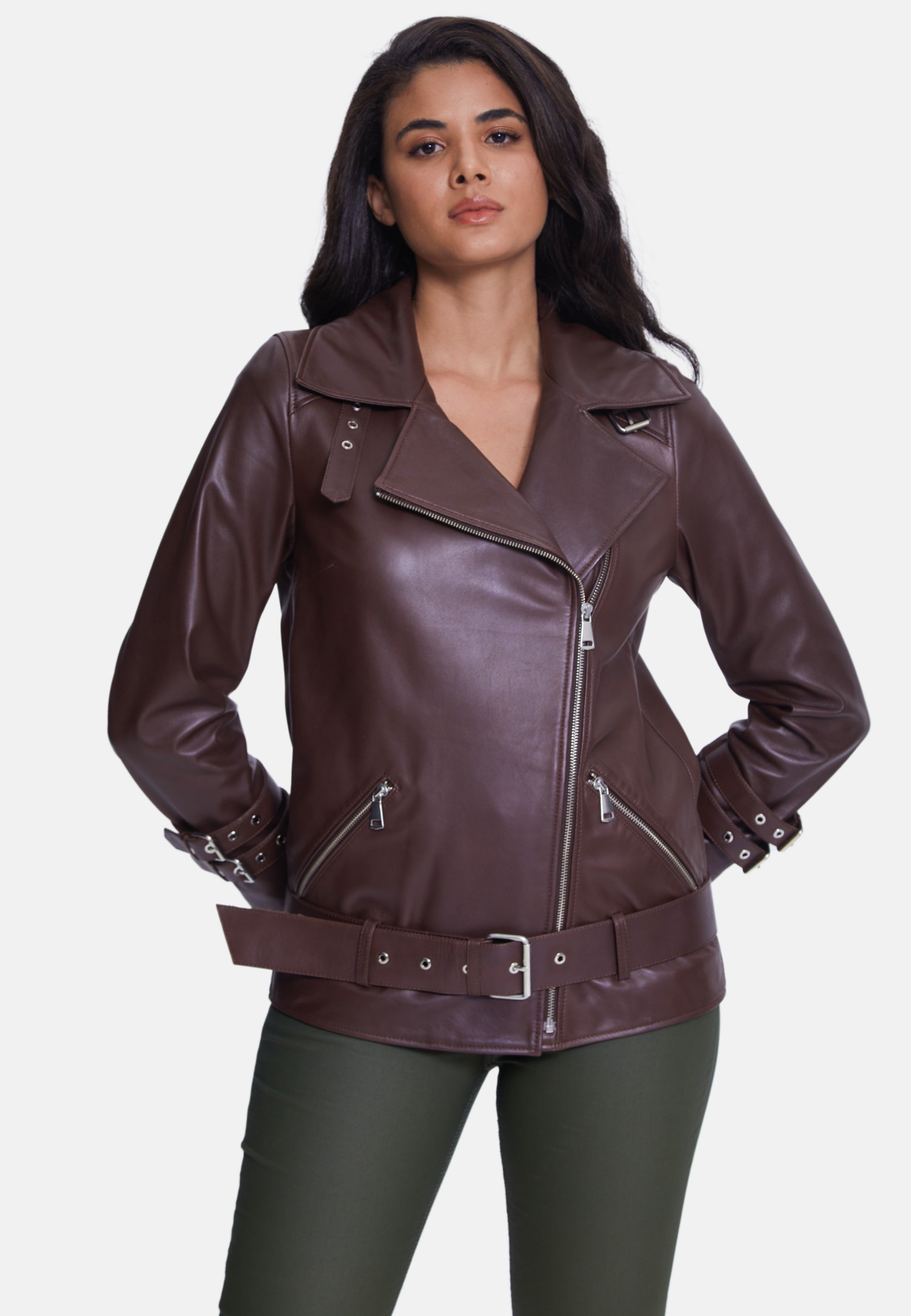 Women's Genuine Leather Belted Biker Jacket,Nappa Brown