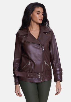 Image of Women's Genuine Leather Belted Biker Jacket,Nappa Brown