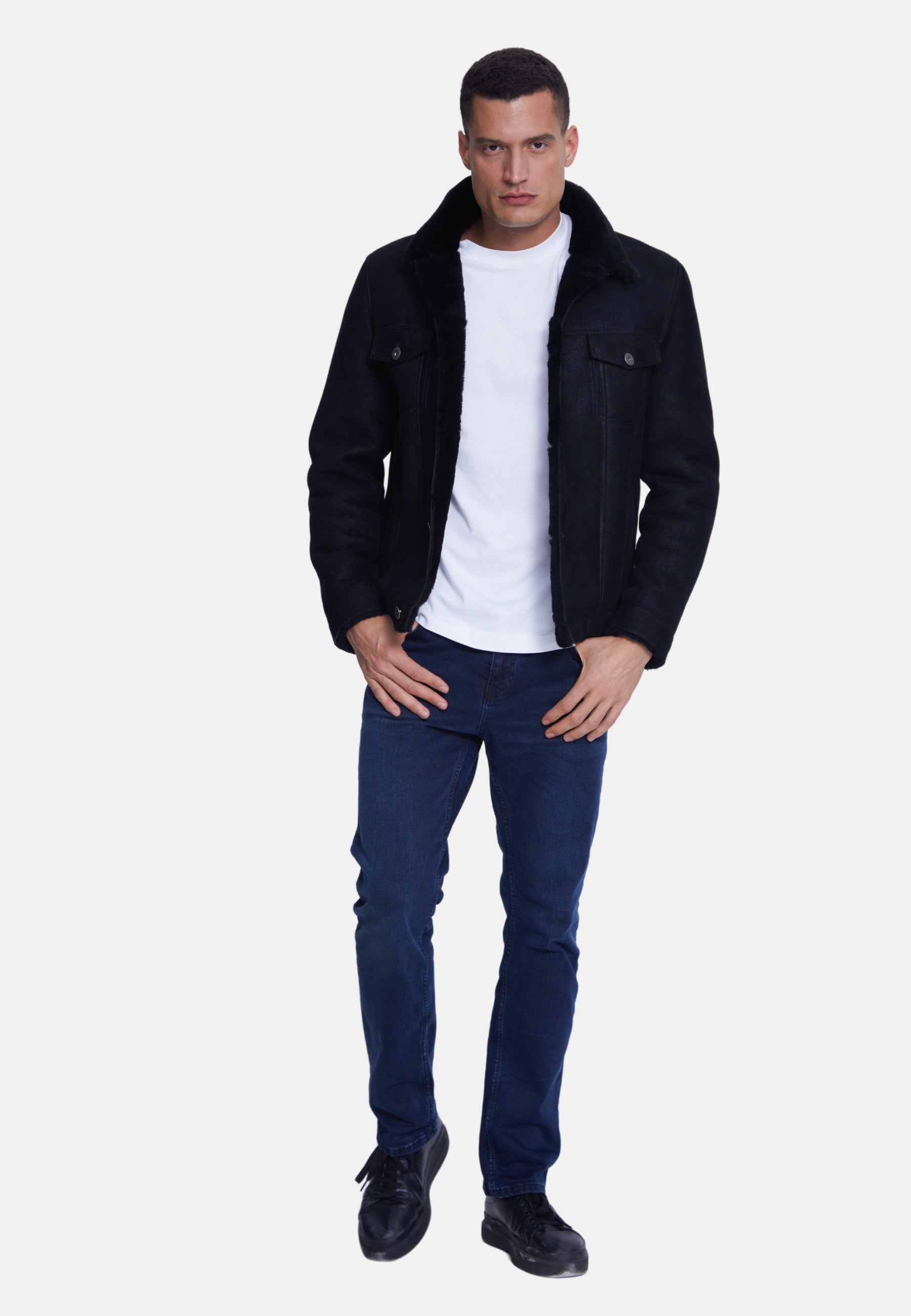 Men's Suede Casual Jacket, Washed Black With Black Wool