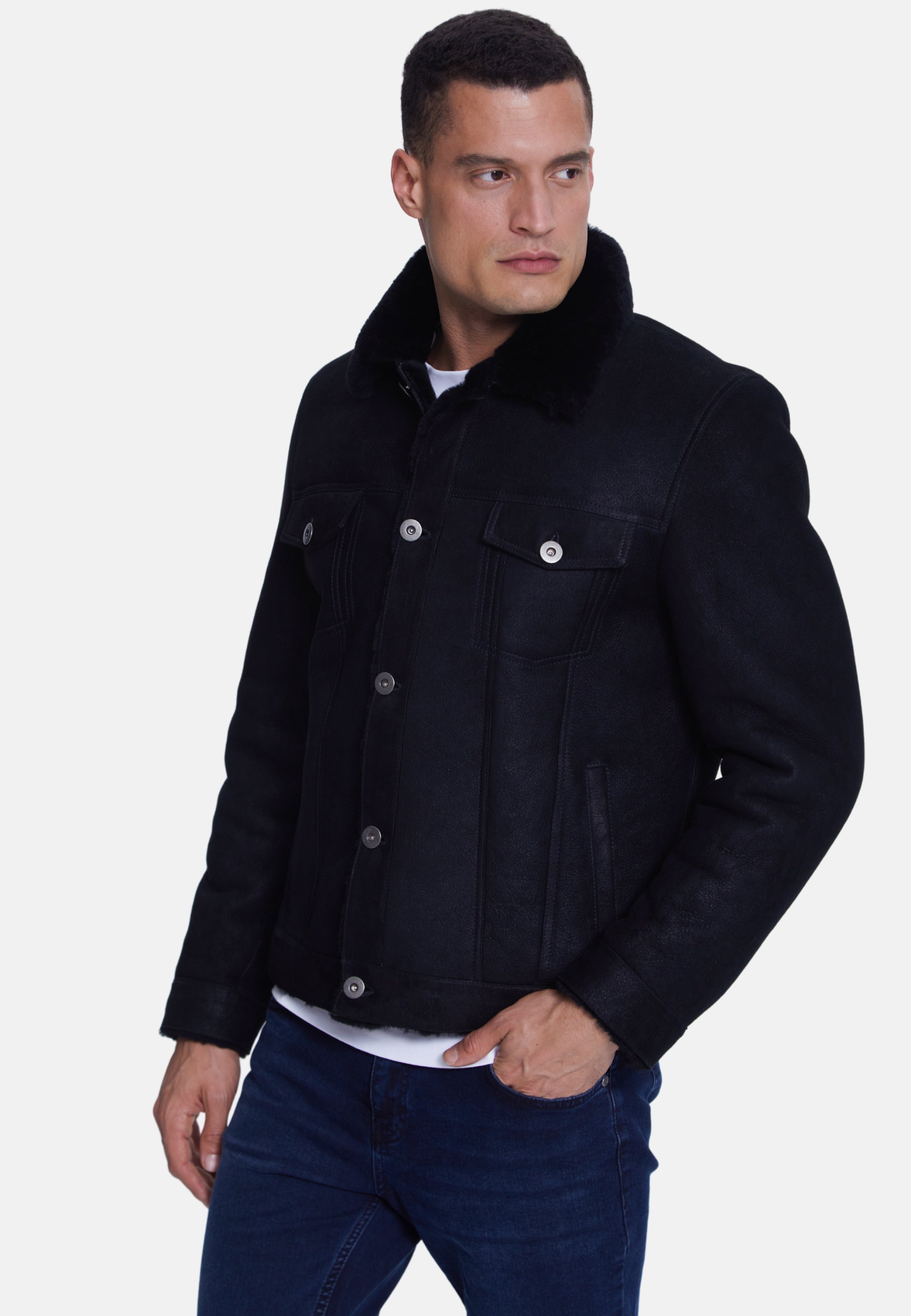 Men's Suede Casual Jacket, Washed Black With Black Wool