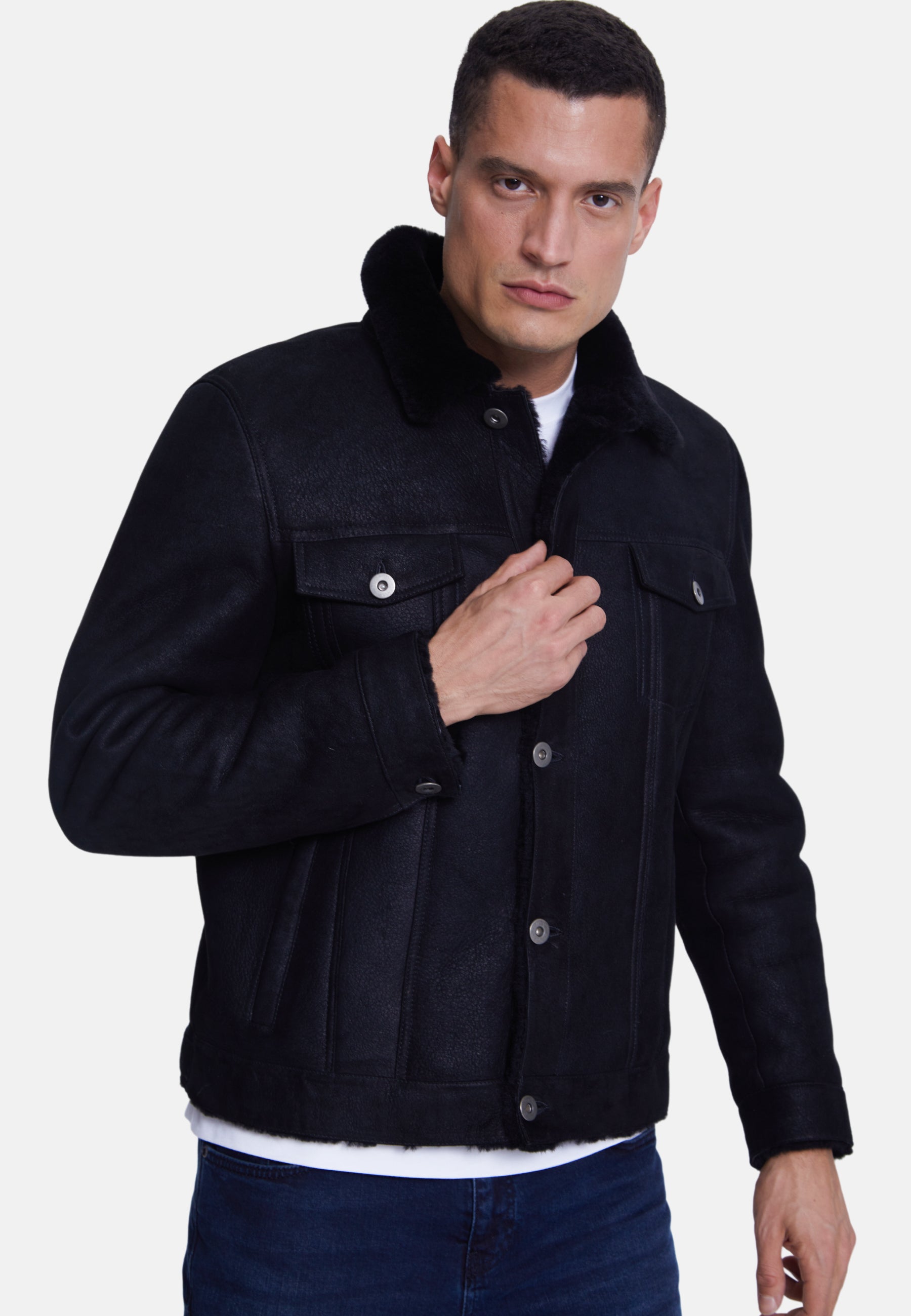 Men's Suede Casual Jacket, Washed Black With Black Wool