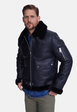 Image of Men's Shearling Belted Pilot Jacket,  Silky Black with Black Wool