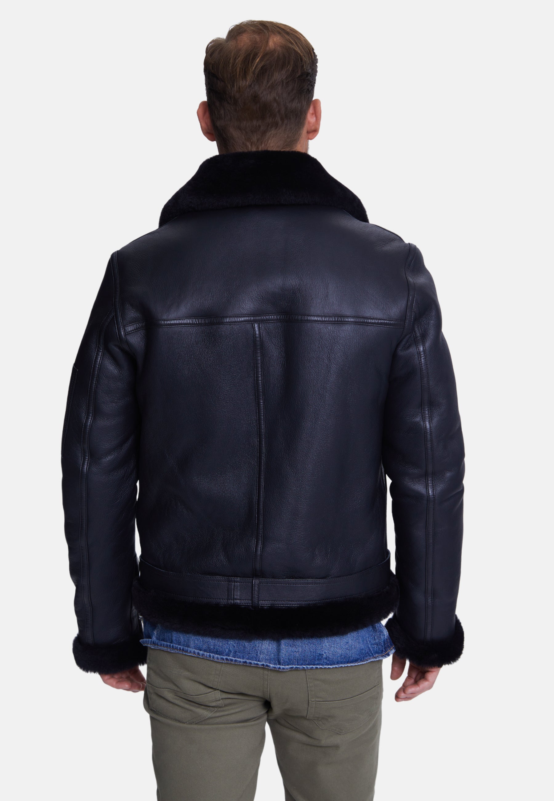 Men's Shearling Belted Pilot Jacket,  Silky Black with Black Wool