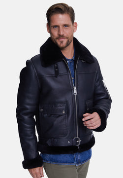 Image of Men's Shearling Belted Pilot Jacket,  Silky Black with Black Wool