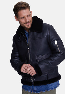 Image of Men's Shearling Belted Pilot Jacket,  Silky Black with Black Wool