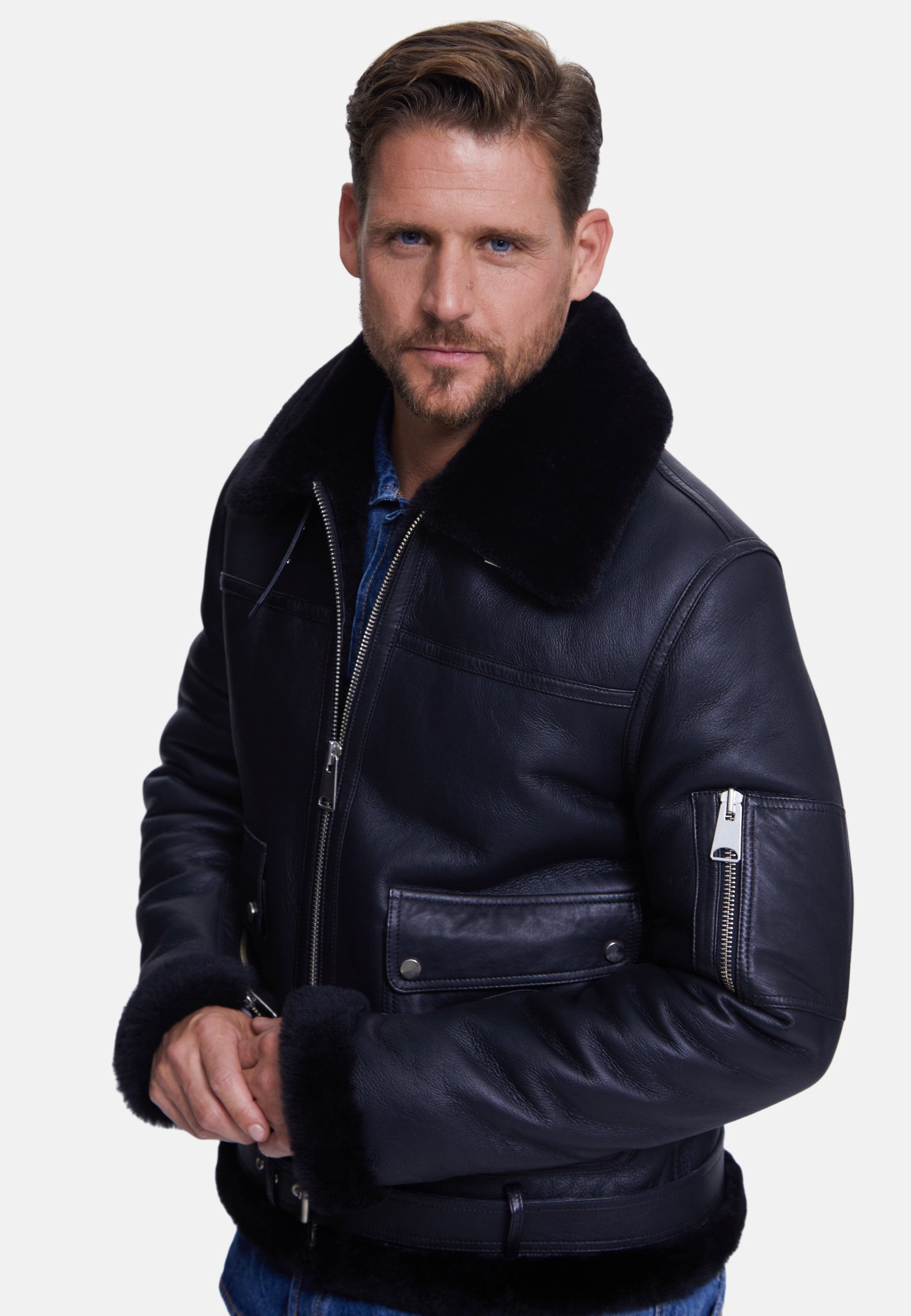 Men's Shearling Belted Pilot Jacket,  Silky Black with Black Wool