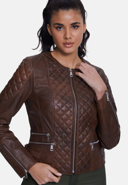 Image of Genuine Leather Quilted Biker Jacket, Whiskey